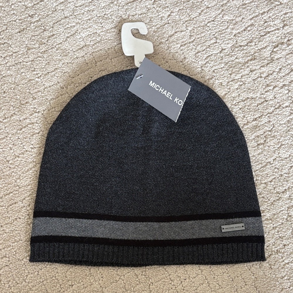Michael Kors Black and Gray Striped Knit Beanie